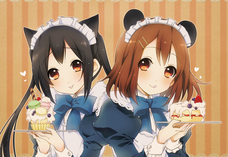 2girls, animal_ears, aruki, black_hair, brown_eyes, brown_hair, cat_ears, hirasawa_yui