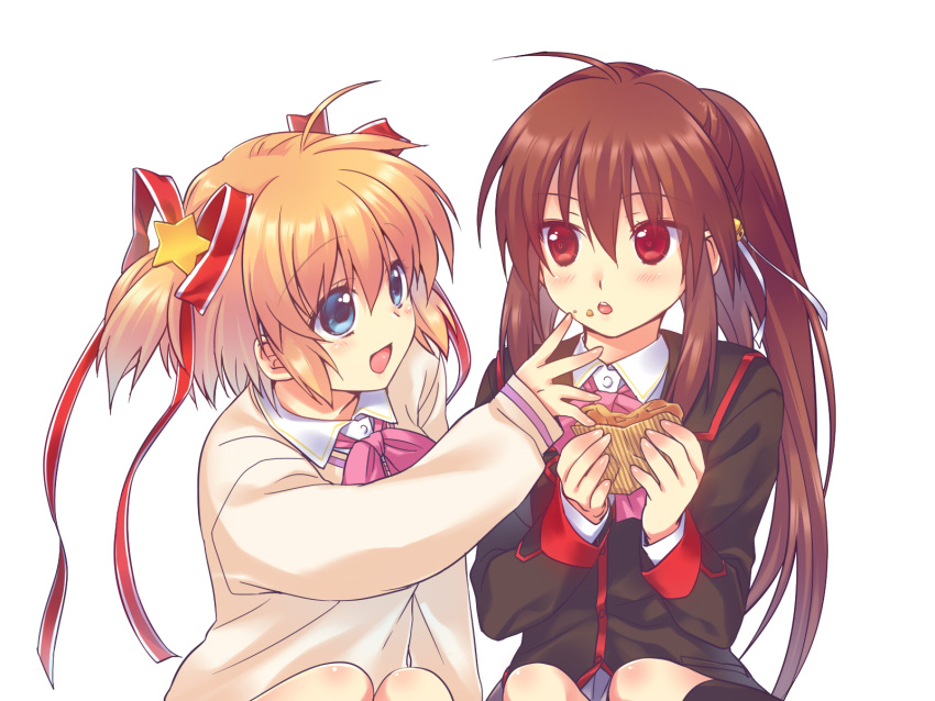 2girls, blonde_hair, blue_eyes, brown_hair, food, food_on_face, hair_ribbon, highres