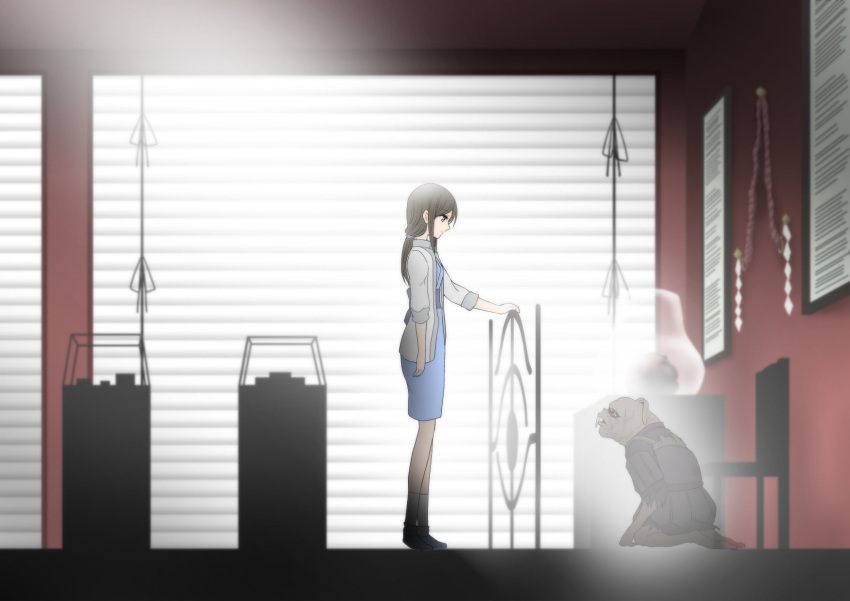 1girl, backlighting, brown_hair, highres, kneeling, queerat, shin_sekai_yori, smile, squealer, sweater, watanabe_saki, yoshitani_motoka