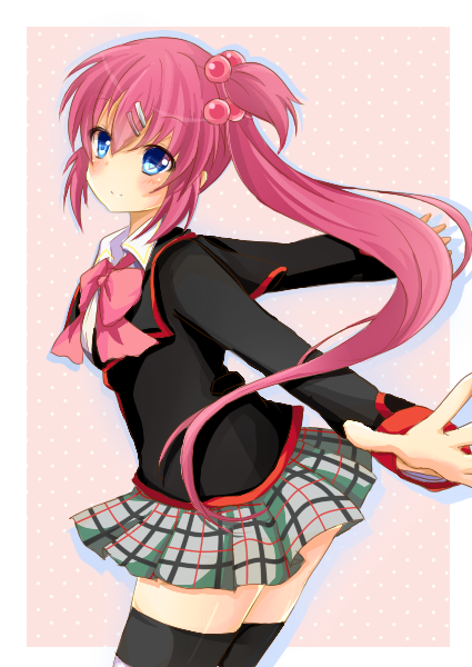 1girl, blue_eyes, hair_bobbles, hair_ornament, little_busters!!, long_hair, outstretched_arms, plaid, plaid_skirt, purple_hair, saigusa_haruka, school_uniform, side_ponytail, skirt, spread_arms, striped, striped_legwear, thigh-highs, ura_(ura-tennislove)