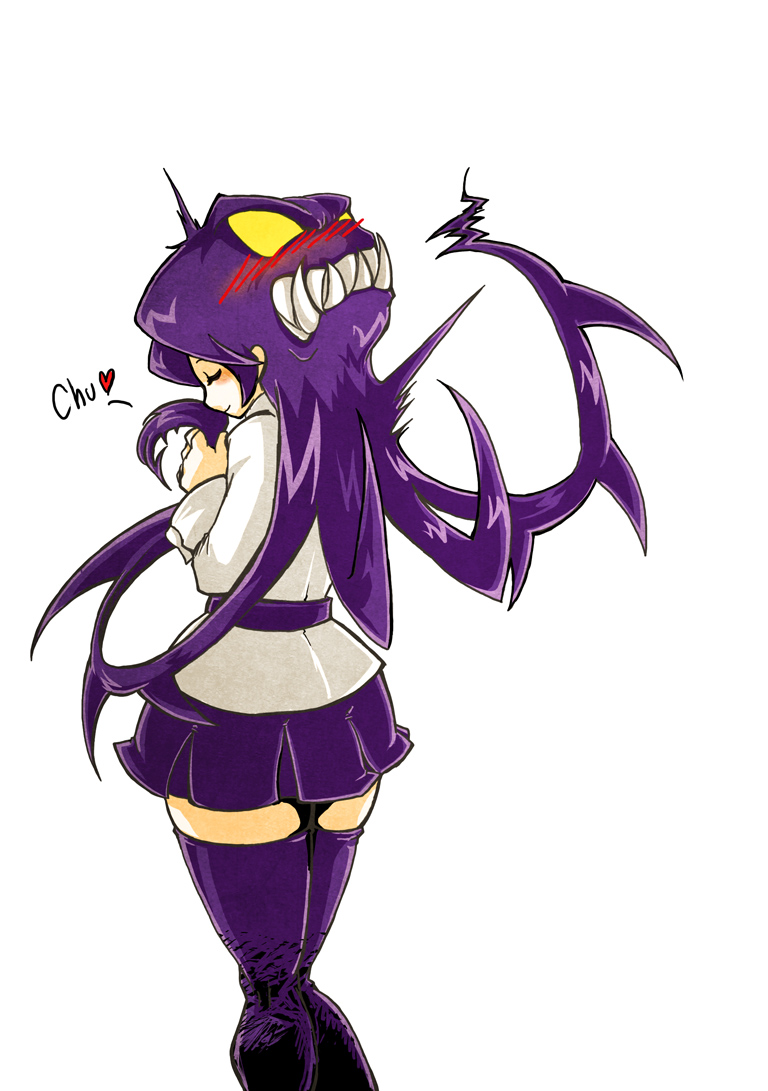 1girl, belt, blush, closed_eyes, extra_mouth, filia_(skullgirls), from_behind, hair_kiss, kiss, prehensile_hair, purple_hair, purple_legwear, samson_(skullgirls), school_uniform, skirt, skullgirls, solo, surprise_kiss, ten_(prop03), thigh-highs, yellow_eyes, zettai_ryouiki