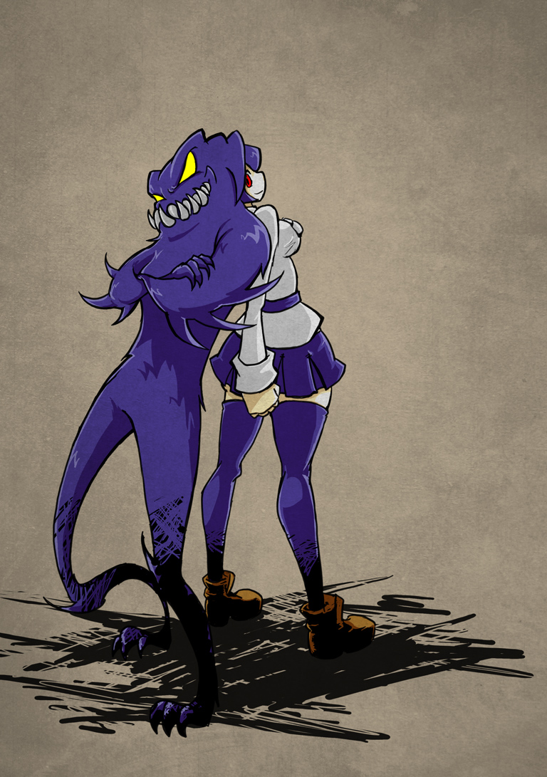 1girl, back-to-back, crossed_arms, filia_(skullgirls), grin, prehensile_hair, purple_hair, purple_legwear