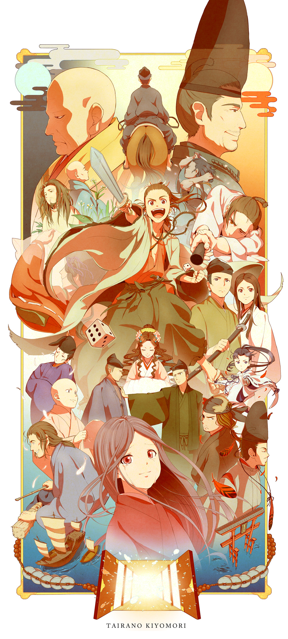 4girls, 6+boys, bald, black_hair, blue_eyes, boat, brown_hair, dice, feathers, flower, hair_flower, hair_ornament, hat, highres, horse, katana, knife, multiple_boys, multiple_girls, open_mouth, red_eyes, sanosuke_(mikeneko-ice), sword, taiga_drama, taira_no_kiyomori, tate_eboshi, torii, water, weapon