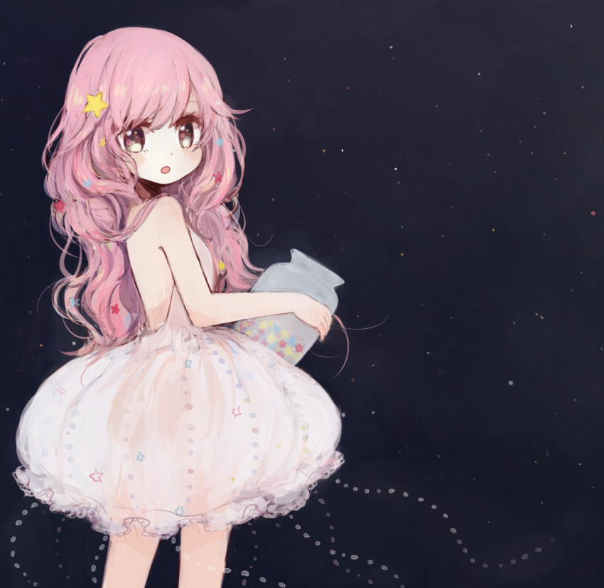brown_eyes, hair_ornament, jar, long_hair, mozukuzu_(manukedori), original, pink_hair, star