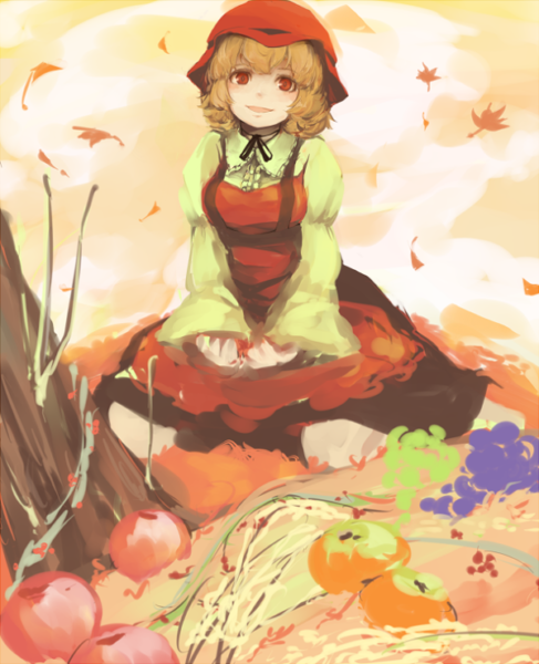 1girl, aki_minoriko, blonde_hair, food, fruit, hat, open_mouth, red_eyes