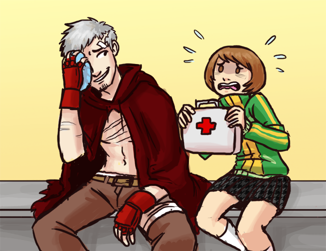 1boy, 1girl, adult, bandaid, brown_eyes, brown_hair, cape, dani_(retro), facial_hair, fingerless_gloves, gloves, houndstooth, persona, persona_3, persona_4, persona_4:_the_ultimate_in_mayonaka_arena, sanada_akihiko, satonaka_chie, shirtless, short_hair, stubble, sweatdrop, track_jacket
