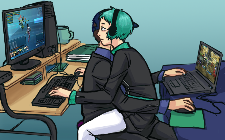 1boy, 1girl, baseball_cap, blazer, brown_hair, computer, computer_keyboard, computer_mouse, couple, dani_(retro), hat, headphones, hetero, iori_junpei, laptop, mmo, monitor, pantyhose, persona, persona_3, playing_games, school_uniform, short_hair, sitting, sitting_on_lap, sitting_on_person, upright_straddle, video_game, white_legwear, yamagishi_fuuka