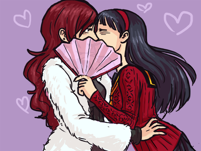 2girls, amagi_yukiko, black_hair, bodysuit, closed_eyes, dani_(retro), earrings, fan, hairband, heart, incipient_kiss, jewelry, kirijou_mitsuru, long_hair, multiple_girls, persona, persona_3, persona_4, persona_4:_the_ultimate_in_mayonaka_arena, redhead, sailor_collar, school_uniform, skirt, sweater, yuri