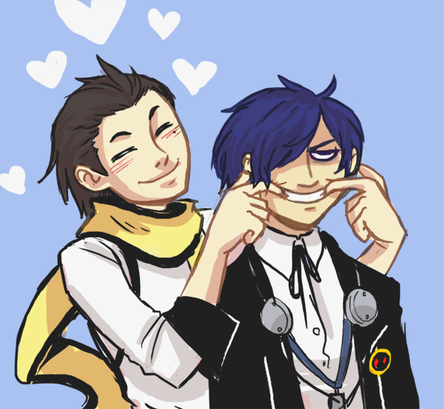 2boys, arisato_minato, black_hair, blue_hair, dani_(retro), fingersmile, hair_over_one_eye, headphones