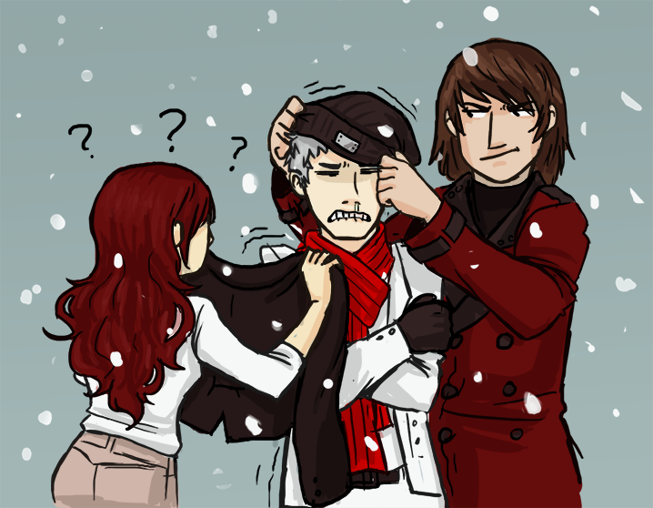 1girl, 2boys, ?, aragaki_shinjirou, brown_hair, cold, dani_(retro), gloves