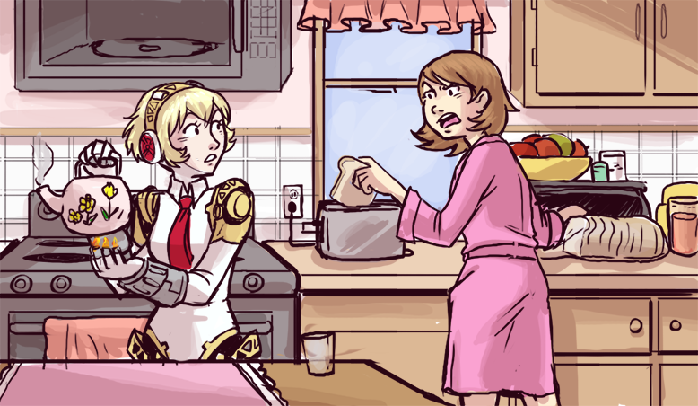 2girls, aegis, android, atlus, bathrobe, blonde_hair, bread, brown_hair