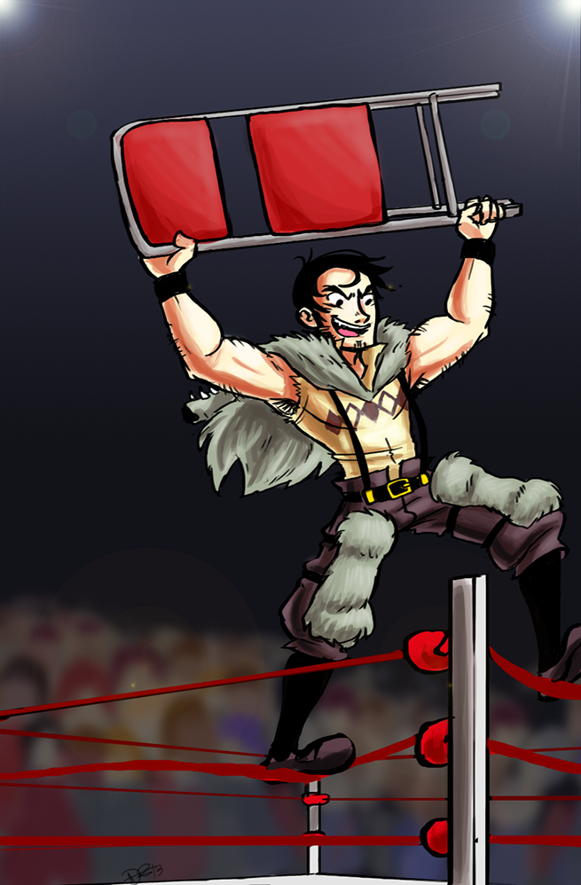 1boy, beowulf_(skullgirls), black_hair, cape, chair, dani_(retro), folding_chair, manly