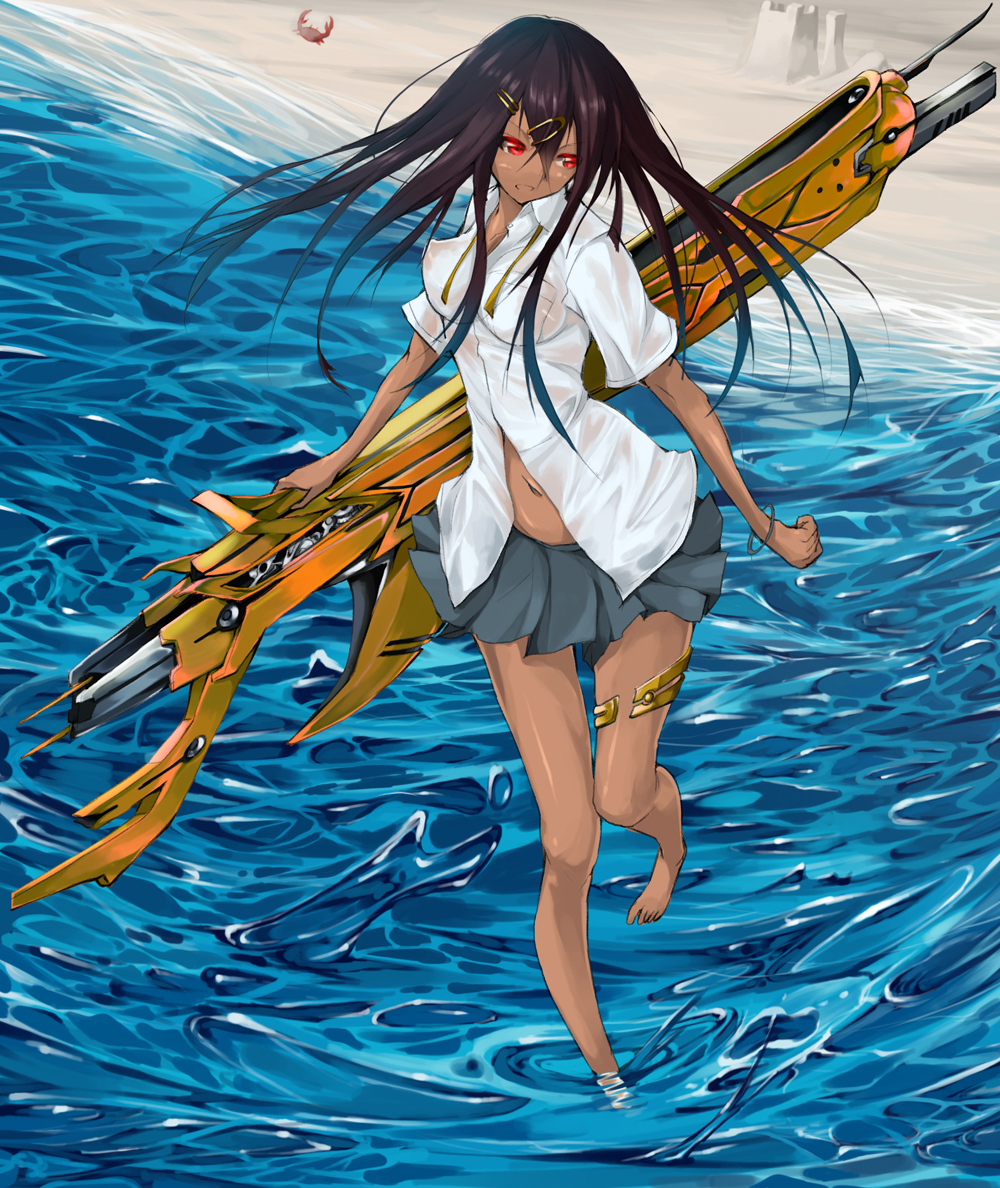 1girl, bare_legs, barefoot, beach, black_hair, crab, dark_skin, hair_ornament, hairclip, long_hair, midriff, miniskirt, navel, ocean, original, red_eyes, sand, sand_castle, sand_sculpture, school_uniform, see-through, skirt, tyappygain, water, weapon, wet, wet_clothes, wet_shirt