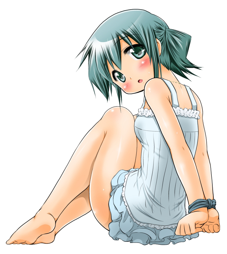 1girl, bdsm, blush, bondage, femsub, green_eyes, green_hair, hidamari_sketch