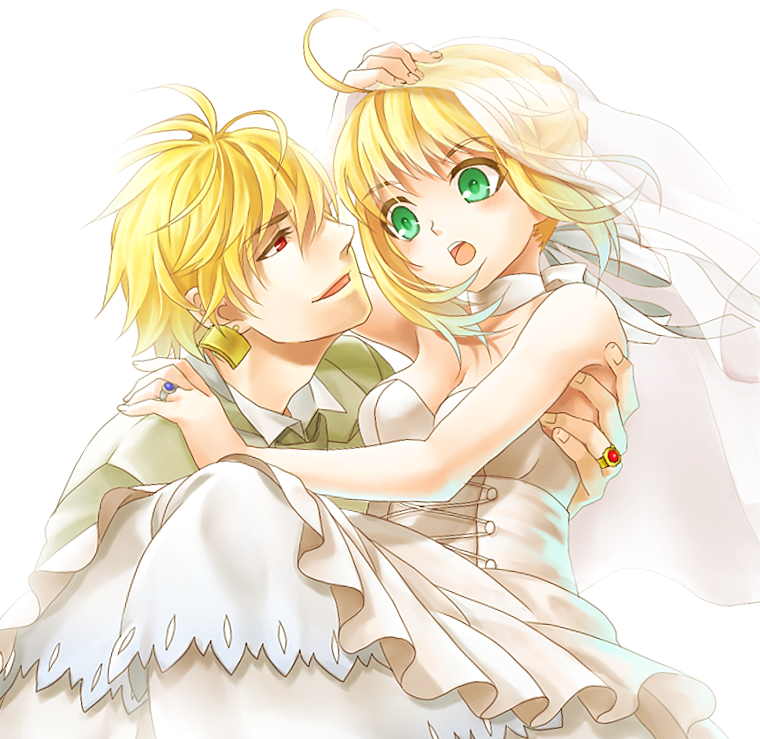 1boy, 1girl, ahoge, blonde_hair, bridal_veil, bride, carrying, dress