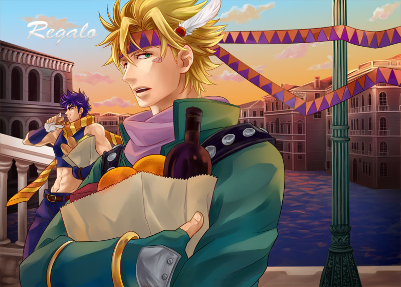 2boys, bag, blonde_hair, bread, caesar_anthonio_zeppeli, eating, facial_mark, feathers