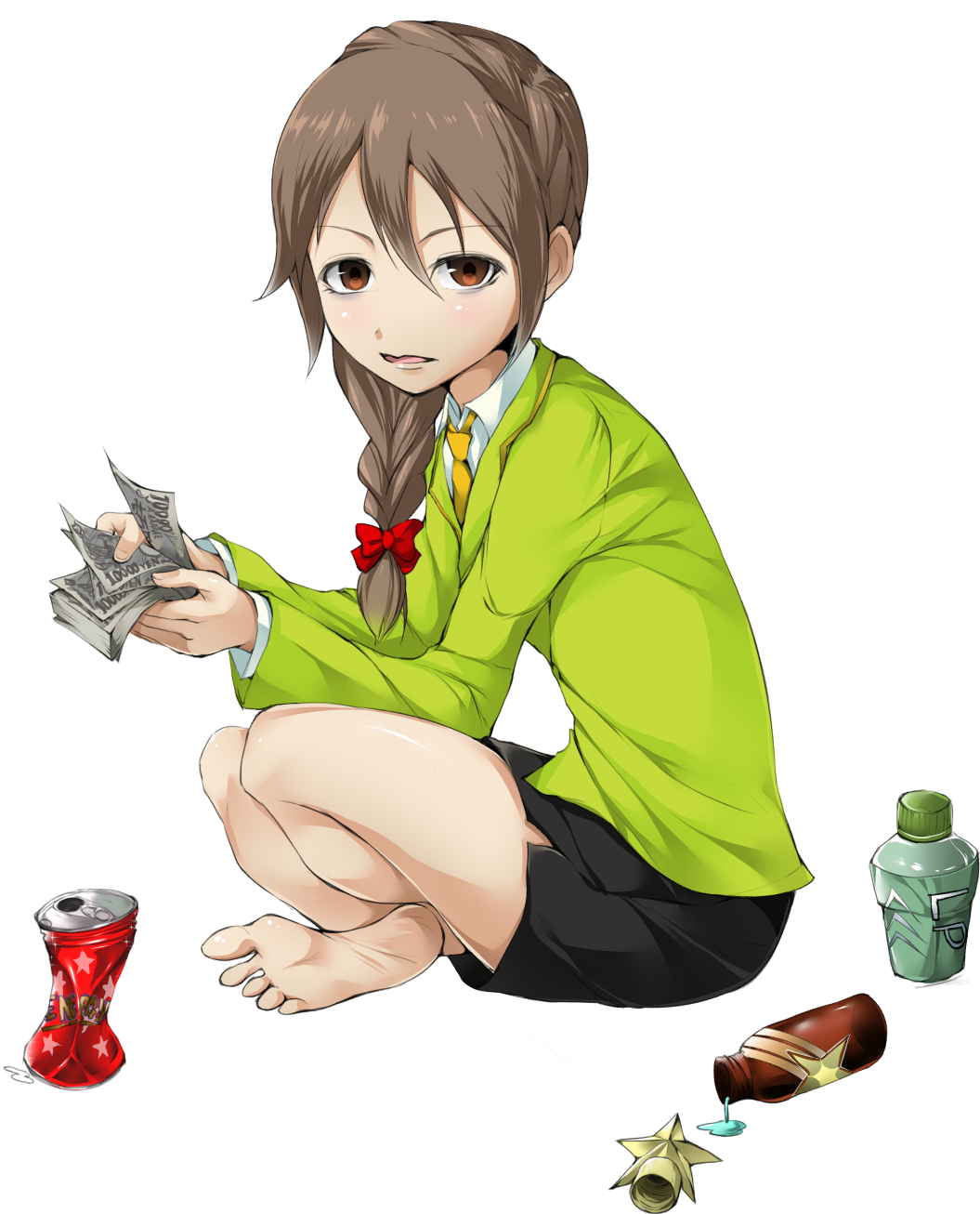 1girl, bare_legs, barefoot, blush, bottle, bow, braid, character_request, counting_money, crushed_can, feet, hair_bow, highres, indian_style, jacket, long_hair, money, necktie, shorts, sitting, soles, tied_hair, tyappygain