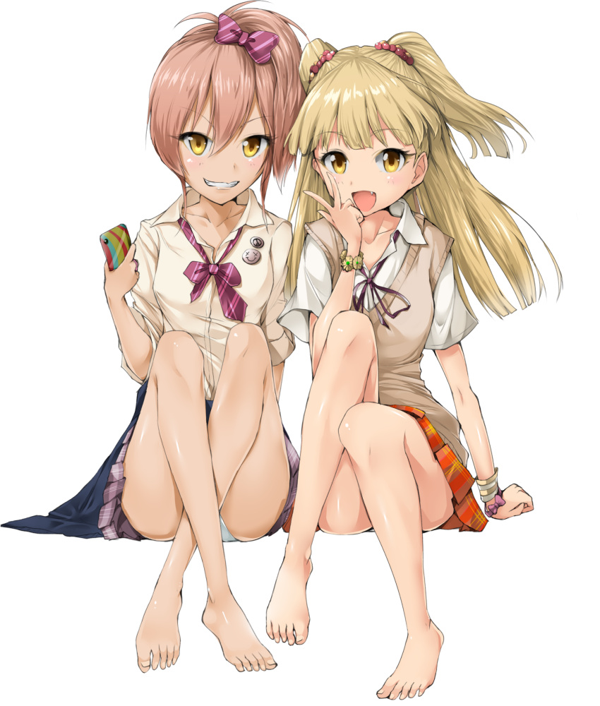2girls, bare_legs, barefoot, blonde_hair, bow, bowtie, bracelet, cellphone, fang, feet, hair_bow, highres, idolmaster, idolmaster_cinderella_girls, iphone, jewelry, jougasaki_mika, jougasaki_rika, long_hair, multiple_girls, phone, pink_hair, school_uniform, sitting, smile, tied_hair, tyappygain, yellow_eyes
