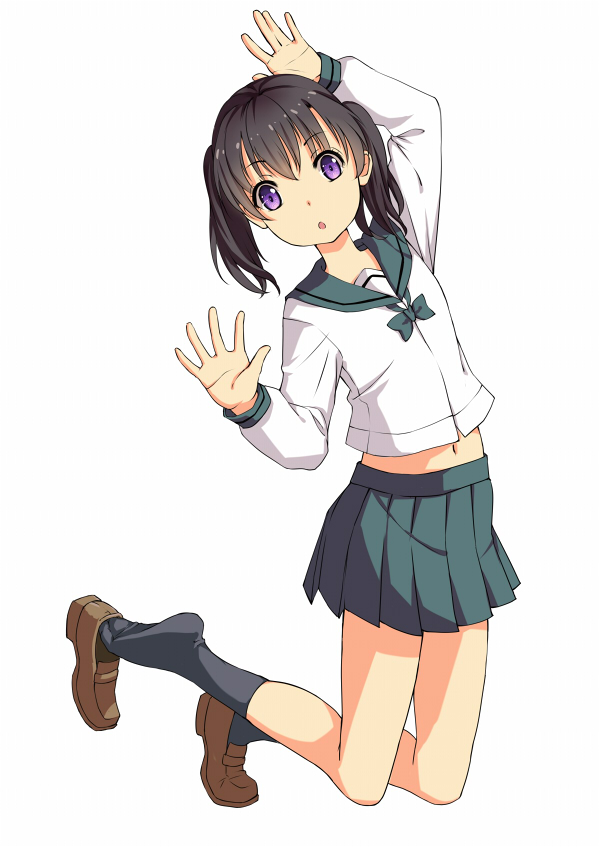1girl, black_hair, codec007, hinata_(yama_no_susume), midriff, school_uniform, shoe_dangle, simple_background