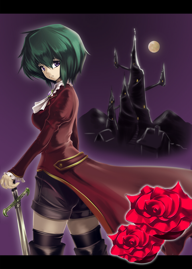 asellus, castle, female, flower, green_hair, mocchi, rose, saga