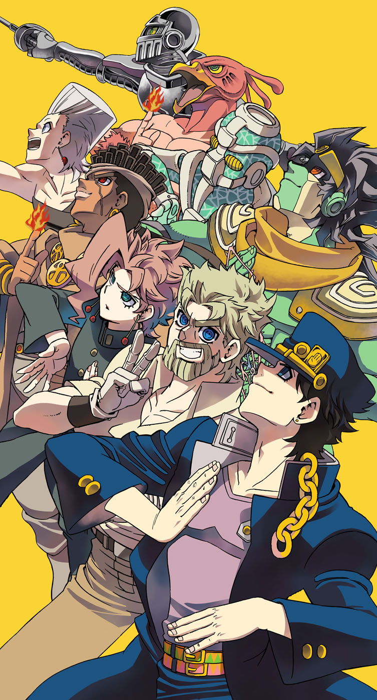 5boys, beard, black_hair, blue_eyes, facial_hair, hermit_purple, hierophant_green, highres