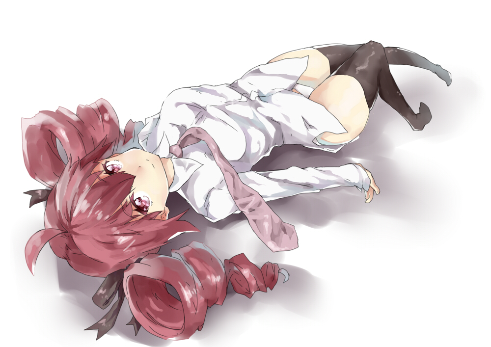 1girl, drill_hair, kasane_teto, looking_at_viewer, looking_back, lying, mochi_hanpen, on_back