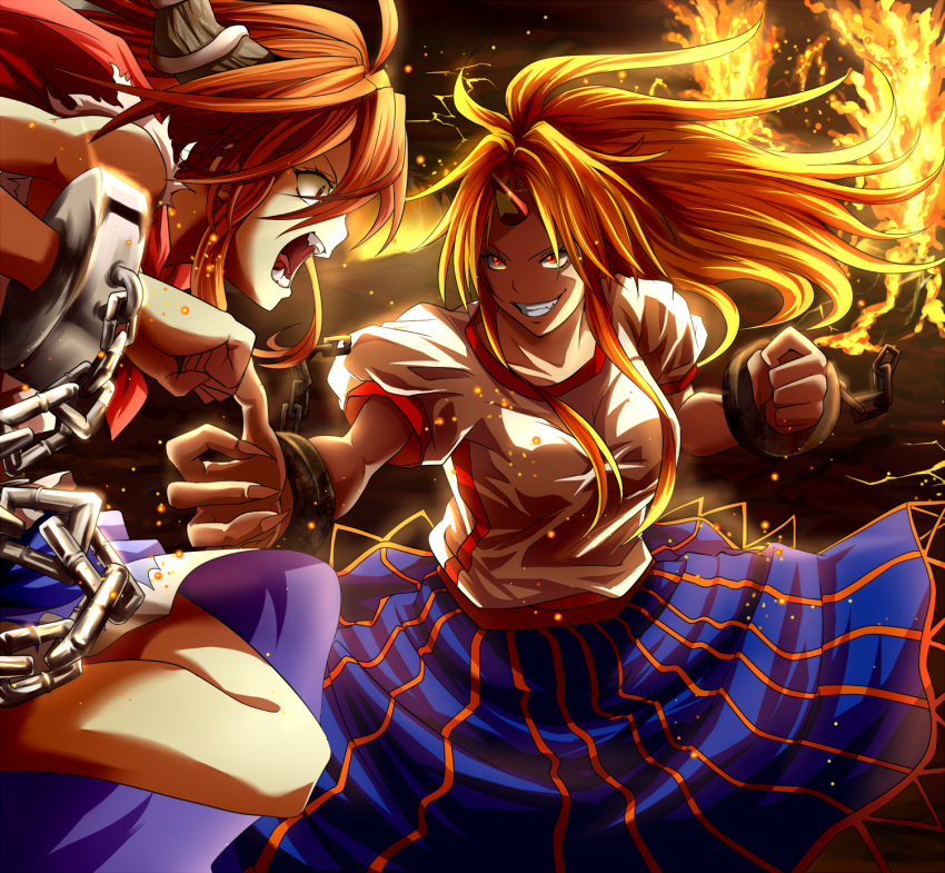 2girls, battle, blonde_hair, breasts, chain, clenched_hand, cuffs, embers