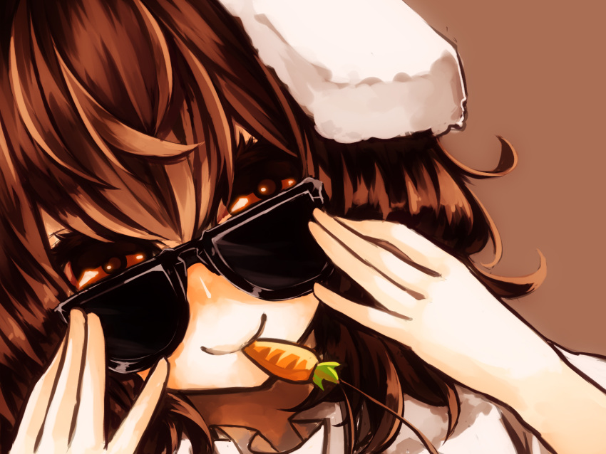 1girl, adjusting_glasses, animal_ears, brown_background, brown_hair, carrot, close-up, dutch_angle