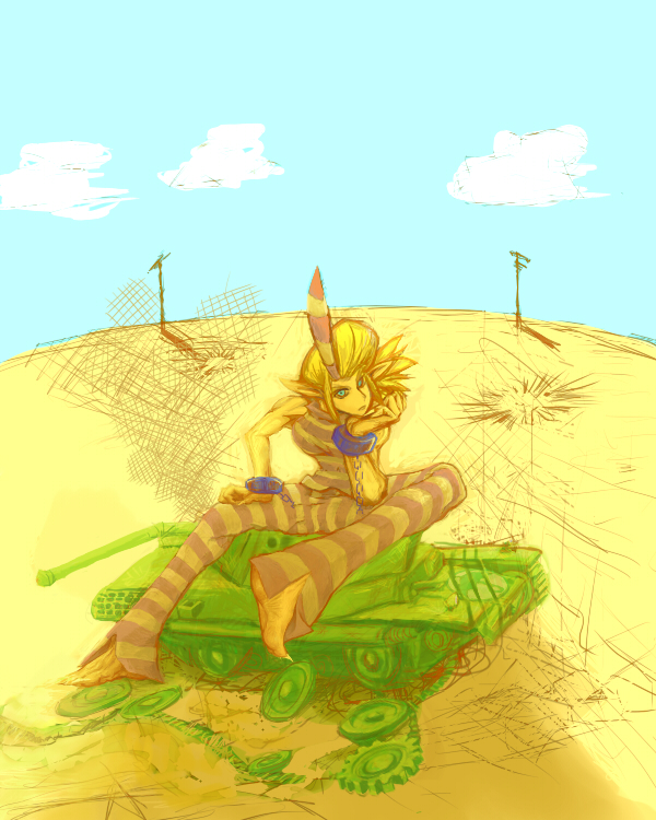 1girl, barefoot, blonde_hair, blue_eyes, blue_sky, breasts, broken, chain, chin_rest, cuffs, fingernails, giantess, green_eyes, horn, long_hair, military, military_vehicle, muscle, namasomi, pointy_ears, ponytail, prison_clothes, scythana, shackle, sharp_fingernails, sharp_toenails, sitting, sitting_on_object, skullgirls, sky, sleeveless, solo, tank, vehicle