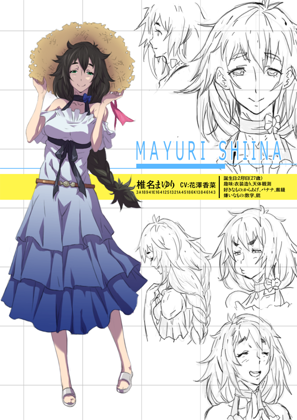 1girl, alternate_hairstyle, banjoo, black_hair, character_name, closed_eyes, dress, expressions, female, flip-flops, happy, hat, long_hair, pout, sandals, shiina_mayuri, shoes, smile, solo, steins;gate, timeskip