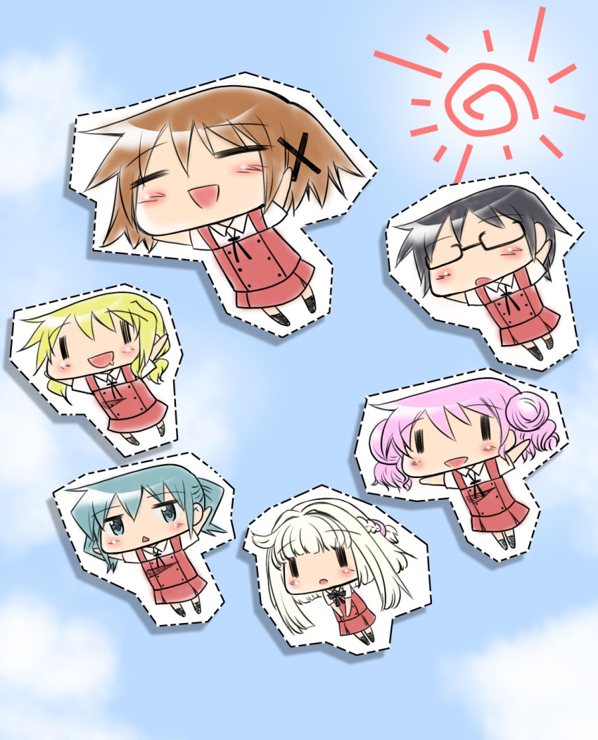 6+girls, blush, brown_hair, chibi, closed_eyes, glasses, green_eyes, green_hair