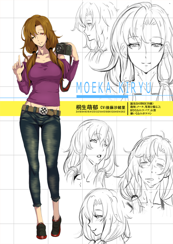 1girl, banjoo, belt, blush, brown_hair, camera, character_name, expressions, kiryuu_moeka, long_hair, low_twintails, lowleg, lowleg_pants, midriff, navel, pants, shoes, sketch, solo, steins;gate, timeskip