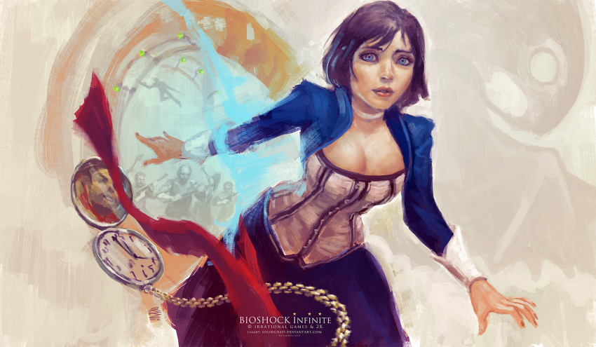 1girl, bioshock, bioshock_infinite, blue_eyes, booker_dewitt, breasts, brown_hair, choker, cleavage, corset, cropped_jacket, elizabeth_(bioshock_infinite), highres, large_breasts, lips, long_skirt, mob, necktie, necktie_removed, pocket_watch, running, short_hair, skirt, solidgrafi, solo, watch, wrist_cuffs