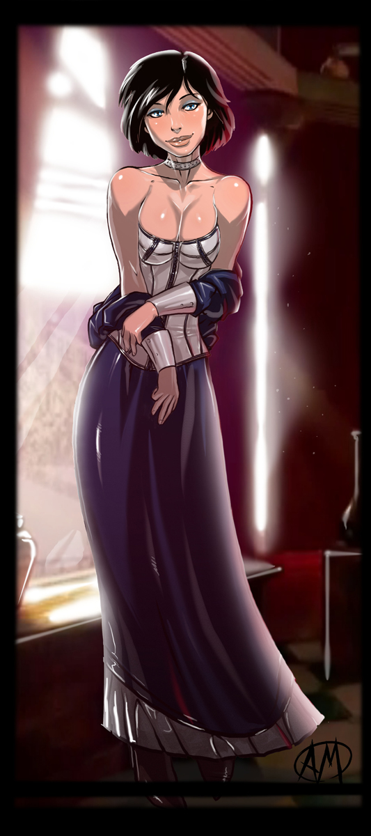 1girl, bare_shoulders, bioshock, bioshock_infinite, black_hair, blue_eyes, boots, bracer