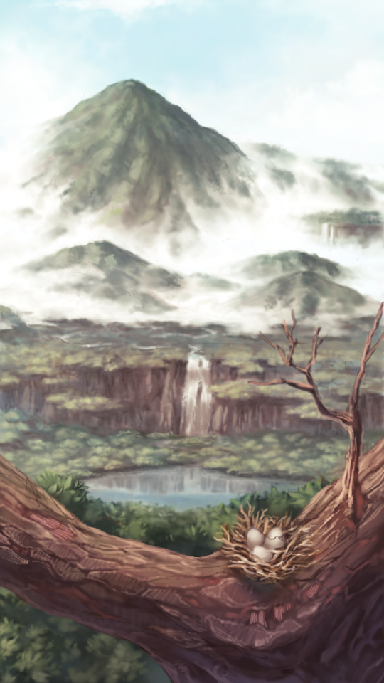 benitama, bird_nest, branch, egg, lake, mountain, nature, no_humans