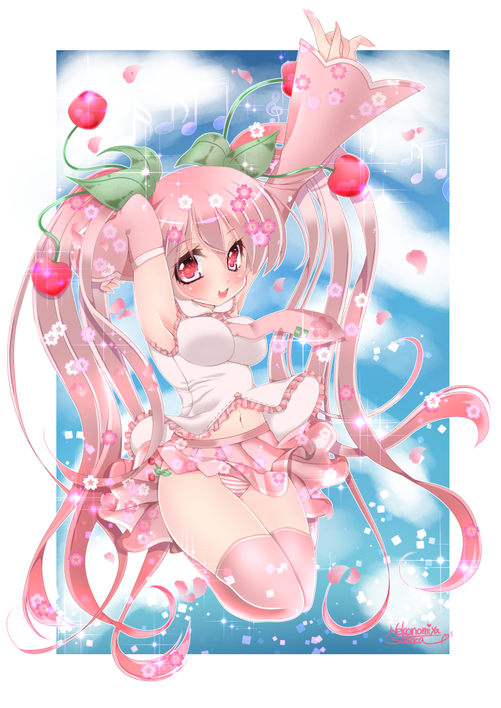 1girl, armpits, arms_up, cherry, detached_sleeves, food, fruit, hatsune_miku