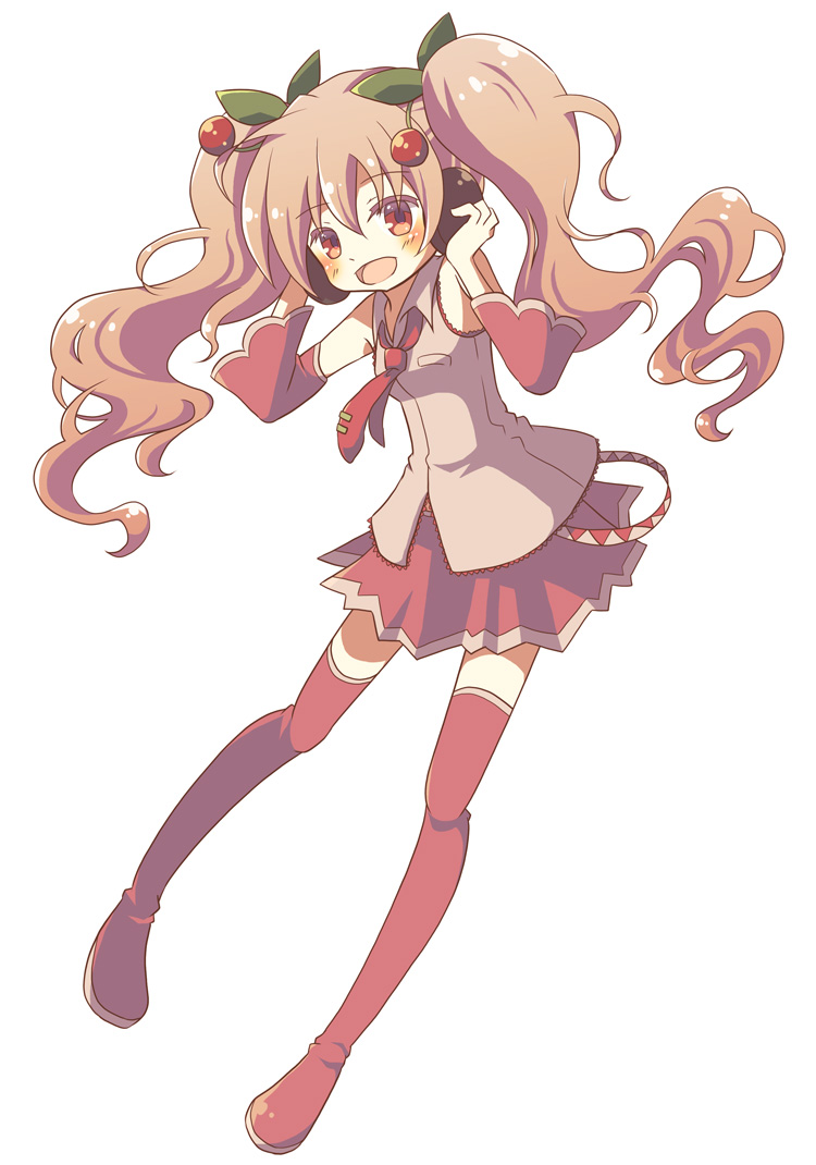 1girl, blush, boots, chaki_(chakan), cherry, detached_sleeves, food, fruit