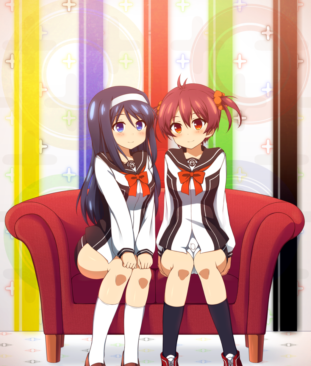 2girls, abekawa_mochi, blue_eyes, blue_hair, brown_hair, couch, futaba_aoi_(vividred_operation), hairband