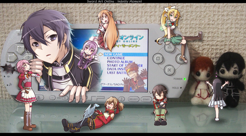 alternate_costume, asuna_(sao), character_doll, dragon, kirito, klein, leafa, leafa_(sao:im), lisbeth, mie_(pome_no_ki), photo_background, pina_(sao), playstation_portable, shinon_(sao), shinon_(sao:im), silica, strea, stuffed_toy, sword_art_online, sword_art_online:_infinity_moment, thigh-highs, yui_(sao), yuuki_asuna