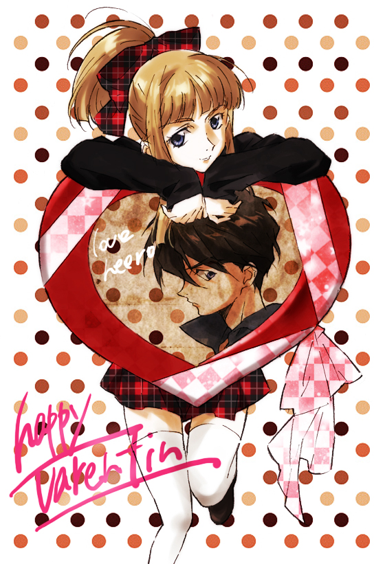 1boy, 1girl, bow, brown_hair, character_name, couple, engrish, gundam