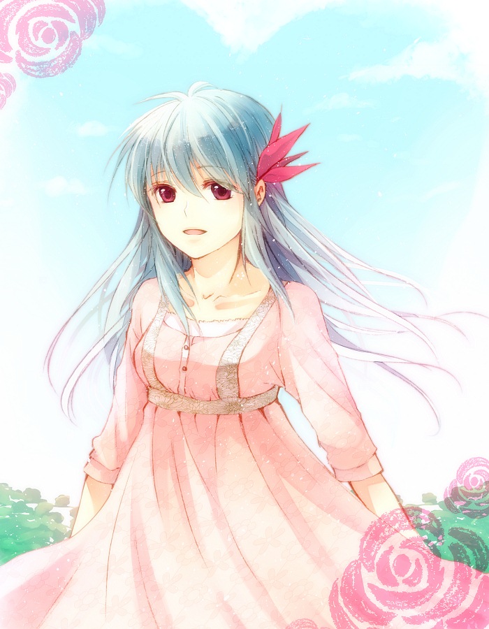1girl, alternate_hairstyle, aqua_hair, dress, flower, hair_down, hair_ornament, koto_(sss)