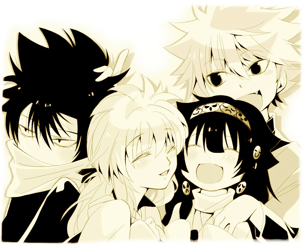 1girl, 3boys, alluka_zoldyck, brother_and_sister, closed_eyes, creator_connection, crossover, fang