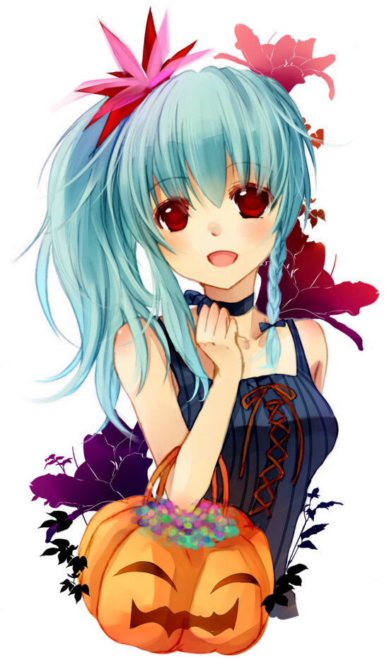 1girl, alternate_costume, alternate_hairstyle, aqua_hair, braid, dress, halloween, jack-o'-lantern