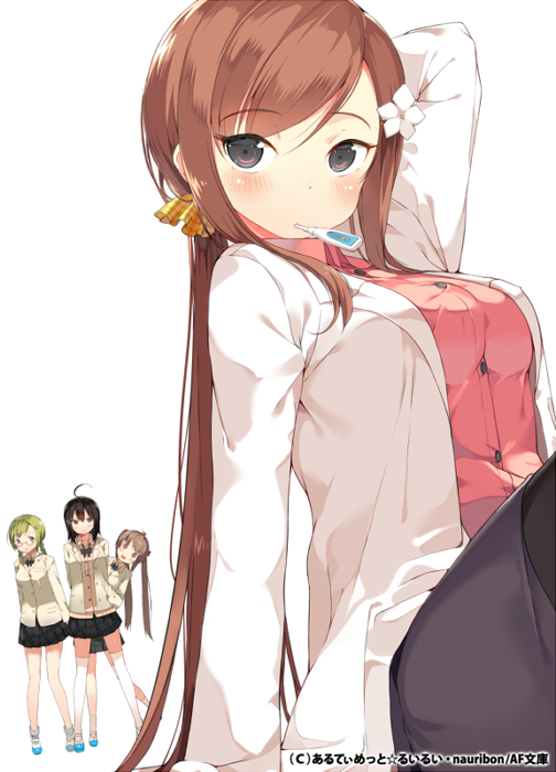ahoge, black_eyes, black_hair, blazer, blonde_hair, breasts, brown_eyes, brown_hair