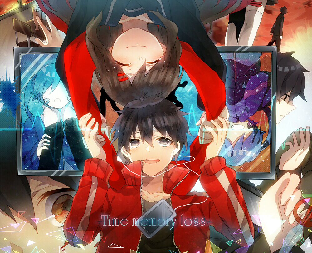 ayano_(kagerou_project), black_hair, brown_hair, ene_(kagerou_project), headphones, kagerou_project, kisaragi_shintarou, long_hair