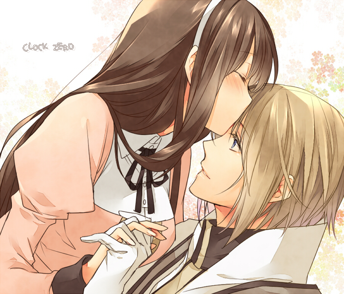 1boy, 1girl, blue_eyes, blush, brown_hair, clock_zero, closed_eyes, couple