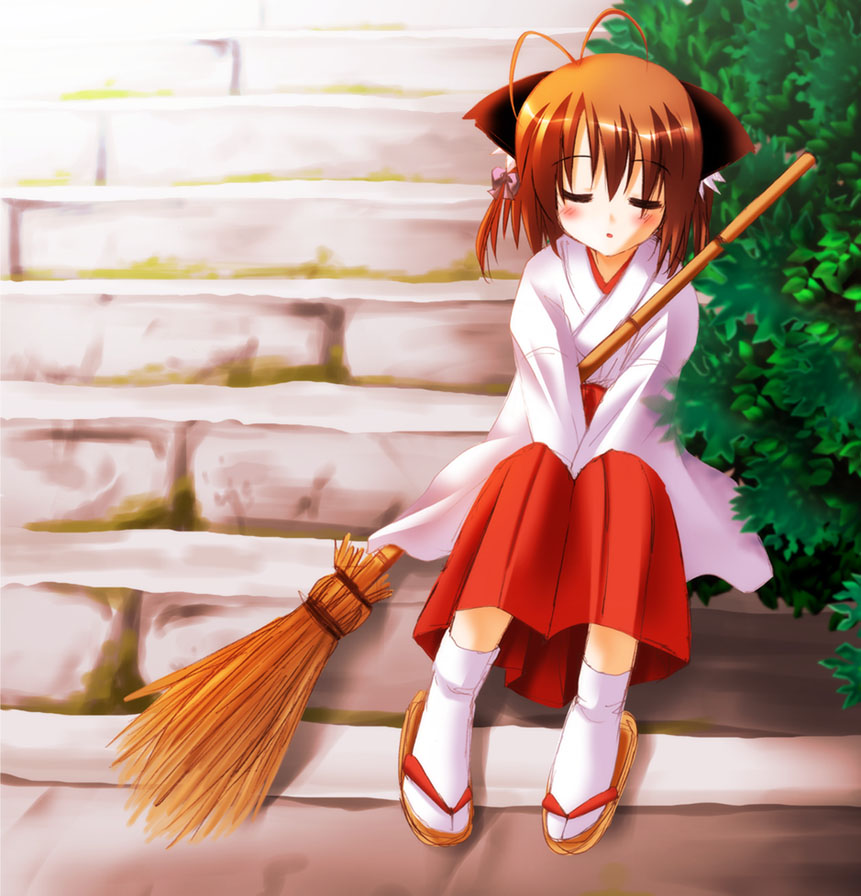 1girl, ahoge, animal_ears, antenna_hair, bamboo_broom, blush, broom, brown_hair