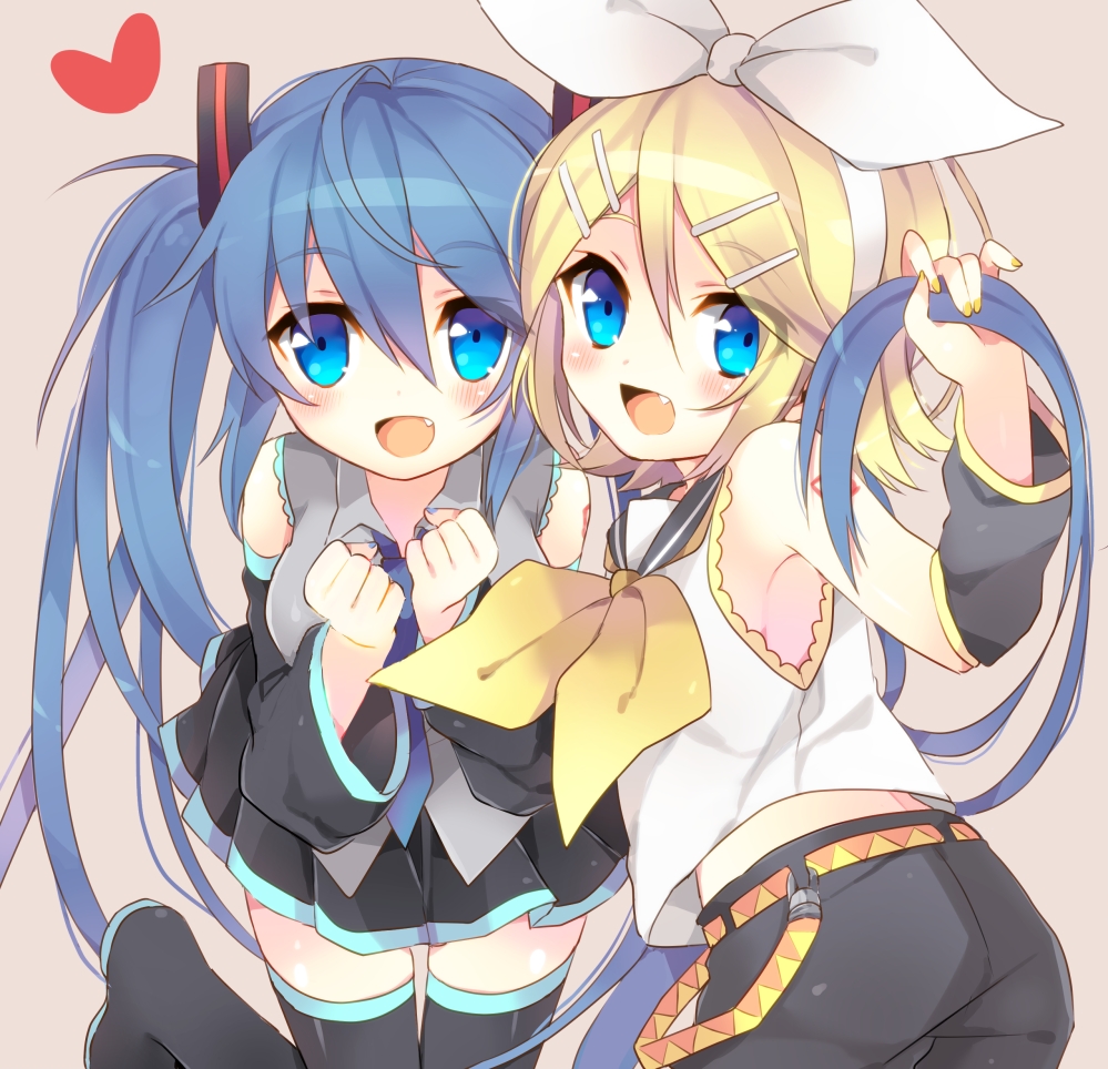 2girls, belt, blonde_hair, blue_eyes, blue_hair, boots, detached_sleeves, fang