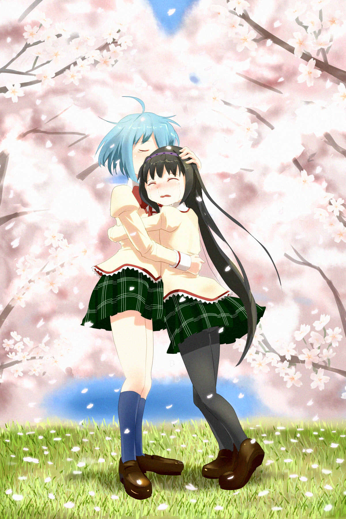 2girls, ace_(hyper_otintin_time), akemi_homura, black_hair, black_legwear, blue_hair, cherry_blossoms, closed_eyes