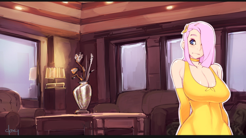 1girl, artist_name, blue_eyes, breasts, choker, couch, doxy, dress
